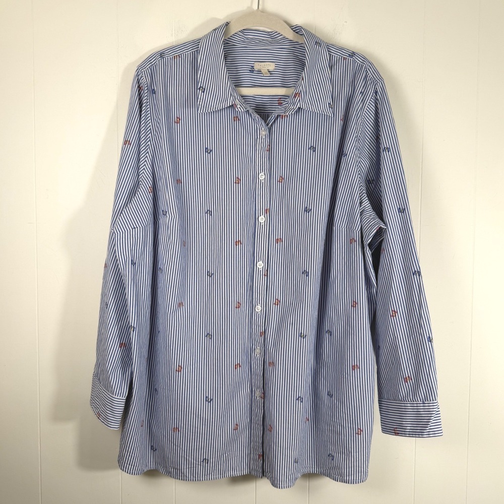 Talbots Blue Striped Butterfly Novelty Print Cotton Button Up Shirt Size 3X